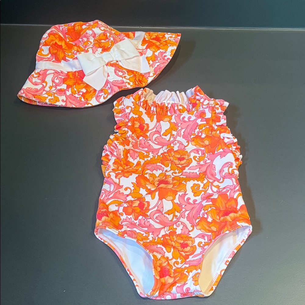 Janie & Jack Floral Swimsuit and Hat Set 12-18m